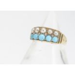 A Victorian 18ct gold turquoise, seed pearl and diamond half hoop dress ring, with gypsy star cut