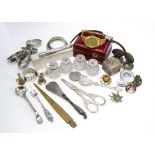 A mixed lot of small silver plate and other items, including a cut glass pair of peppers and