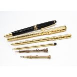 A modern Mont Blanc Meisterstuck retractable biro, black with gold mounts, serial number above clip,