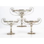 A set of three Edwardian silver tazzas by Martin Hall & Co, one larger example, 22cm high and 28cm