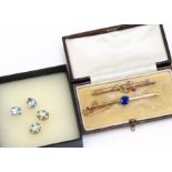 Two gem set gold bar brooches, one in fitted leather box, together with a pair of opal diamond and