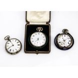 Three late Victorian and later silver open faced pocket watches, AF, one in retailers box (4)