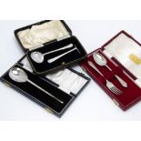 A 1960s silver feeding set, in case, together with a cased silver christening spoon and fork set and