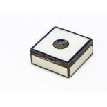 A small late 19th century continental white metal and enamelled pill box, 4cm, 2.4 ozt, square