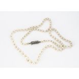 A string of cultured graduated pearls, knotted strung with a silver and marcasite clasp, largest 7.