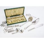 A set of twelve vintage Swedish silver coffee spoons in box, together with a box of various