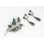 A Chinese 14ct gold Jade set floral brooch, with matching drop earrings in white 14ct gold, brooch