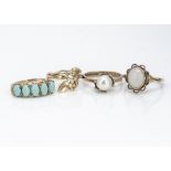 Four 9ct gold rings, including an opal example, a five stone turquoise claw set ring, cultured pearl