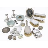 A collection of silver and silver plate and other items, including a dressing table set, a