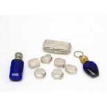 A modern silver snuff box, together with two cut blue glass scent bottles and six silver and white