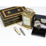 A vintage brass carriage timepiece, AF, together with a modern Accurist gents wristwatch in box, a