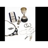 A quantity of silver jewellery, including a Mexican and mother of pearl inlaid necklace, citrine