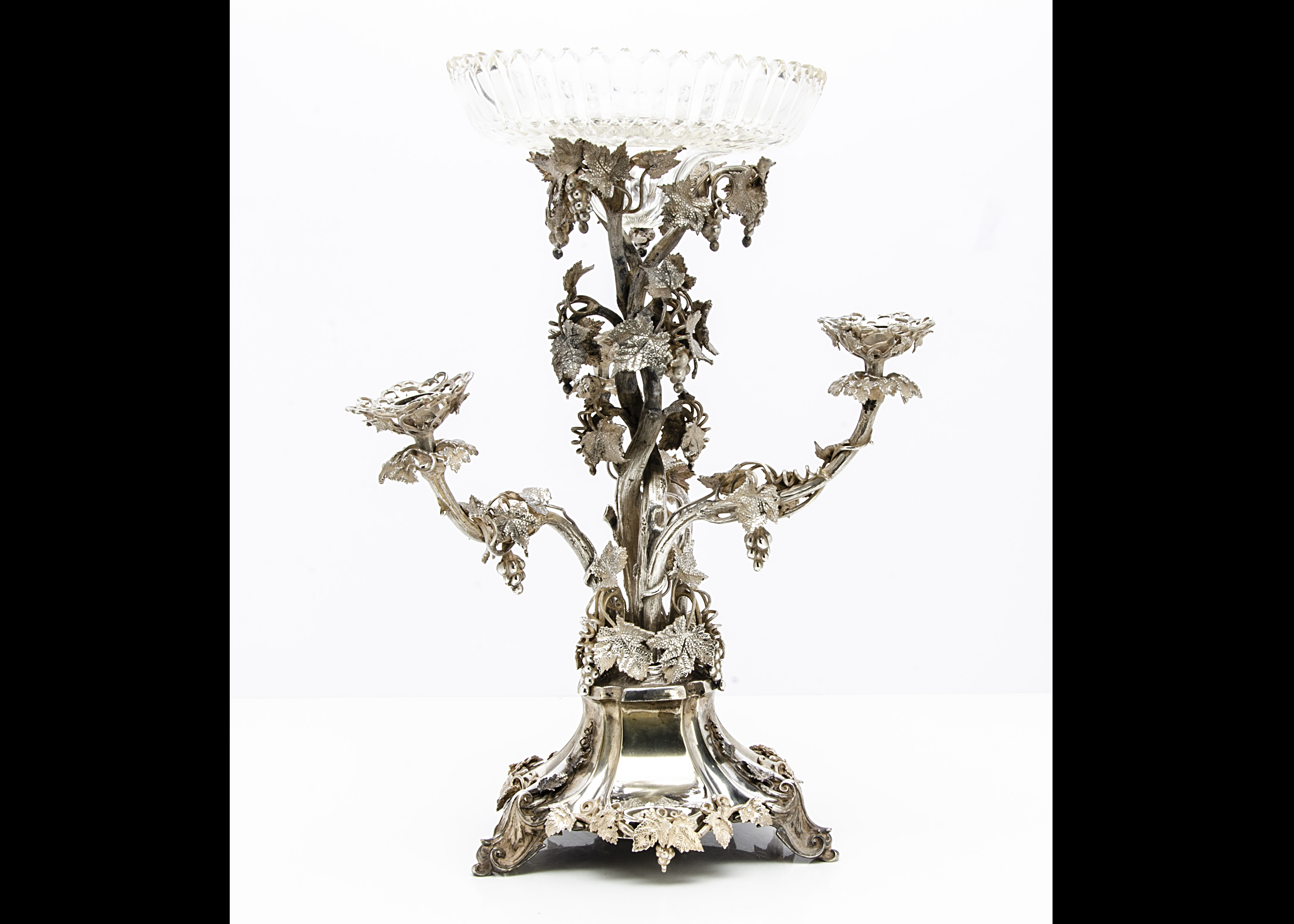 A Victorian silver plated centrepiece, having three inserted branch candle holders and all decorated - Image 2 of 3