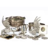 A collection of silver and silver plate and other items, including a set of six silver picks with