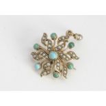 A Victorian pearl and turquoise floral brooch or pendant, of circular spiral design with