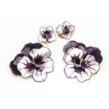Two David Andersen silver gilt and enamel floral brooches, together with matching ear clips, 5cm