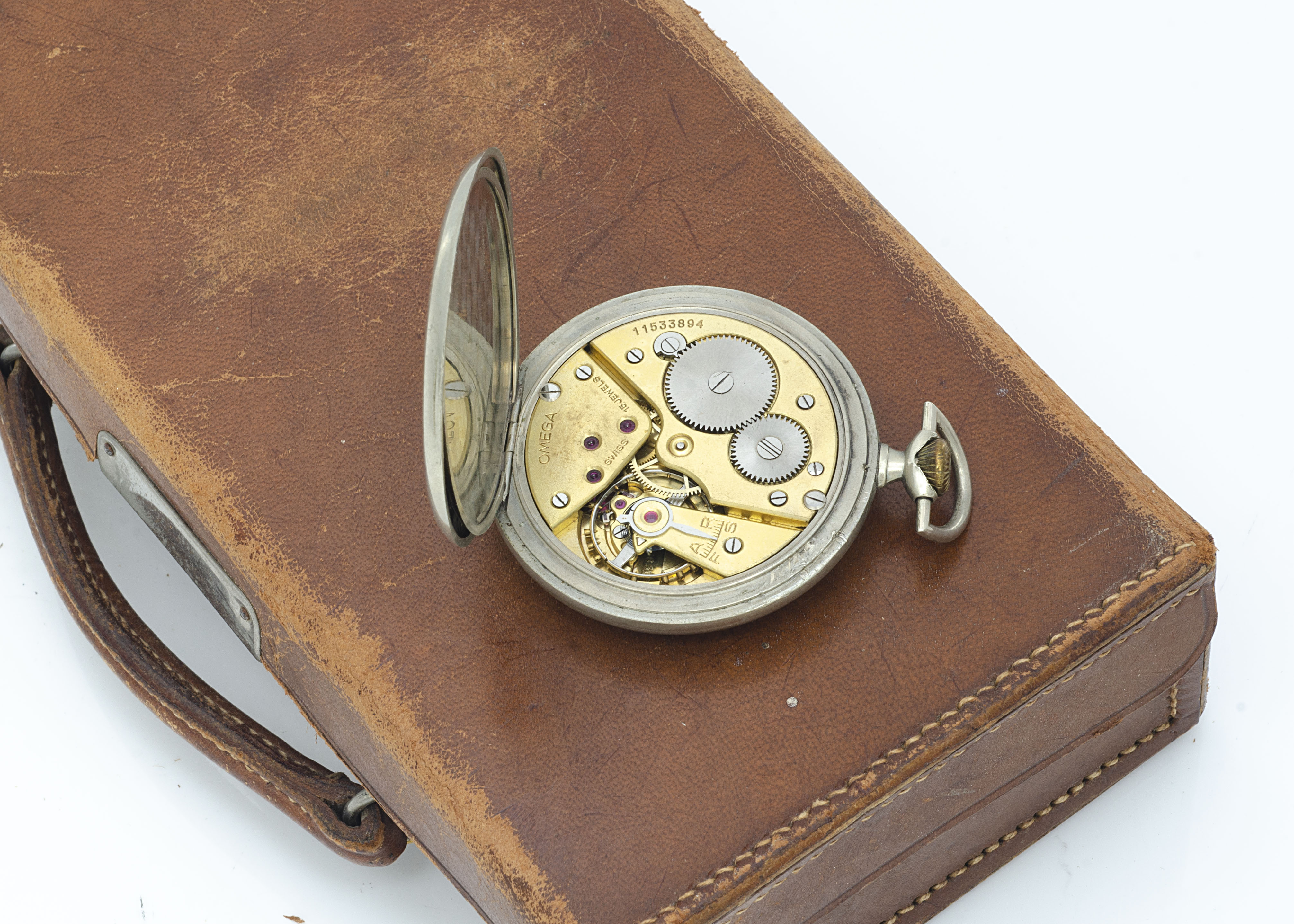 A 1940s Omega open faced pocket watch, 47mm, nickel plated case, white enamel dial having - Image 3 of 3