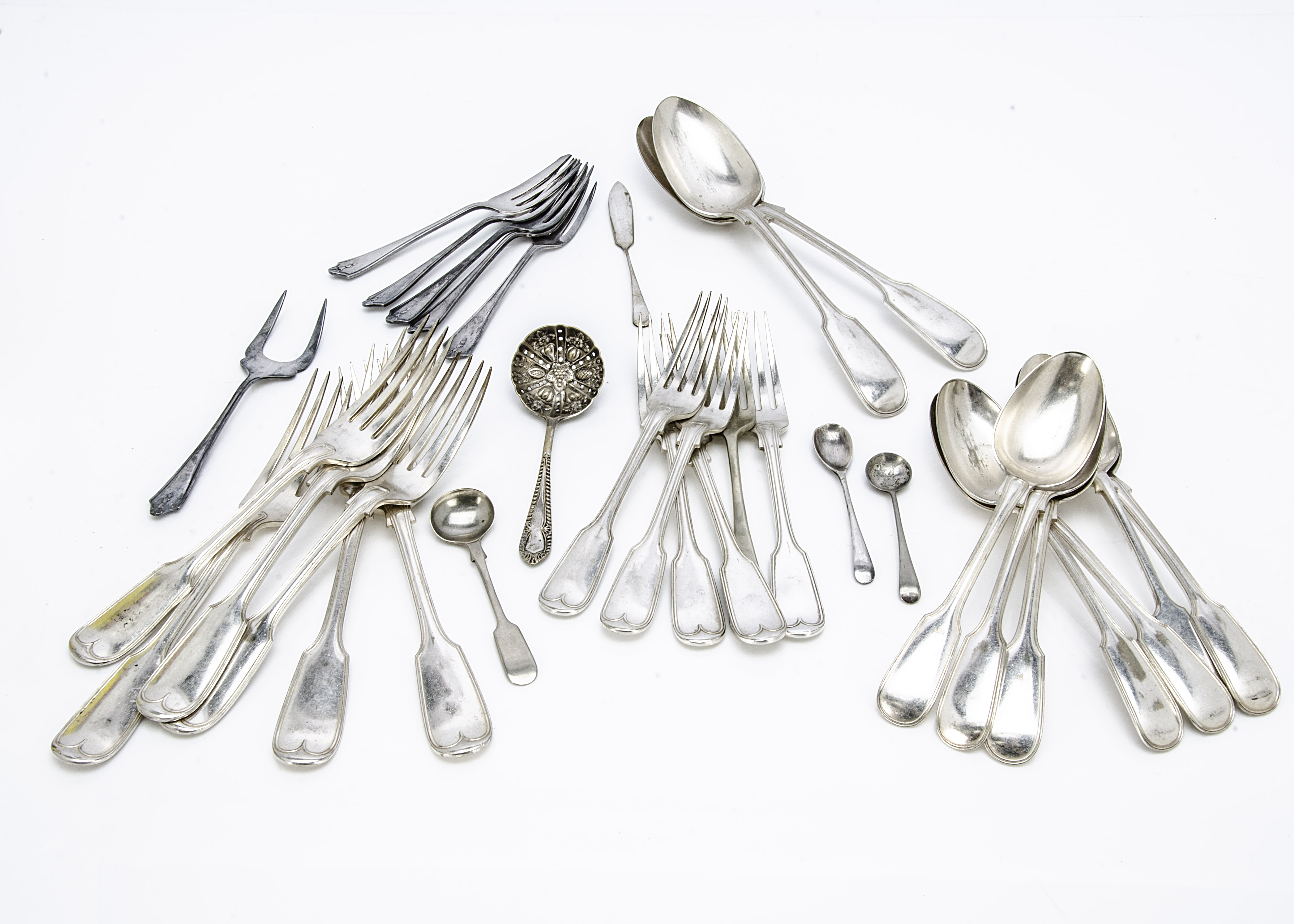 A late Georgian silver tablespoon, together with a silver sifter spoon, tongs and three small - Image 2 of 2