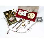 A collection of costume jewellery, souvenir spoons, English enamel Crummles love box and other