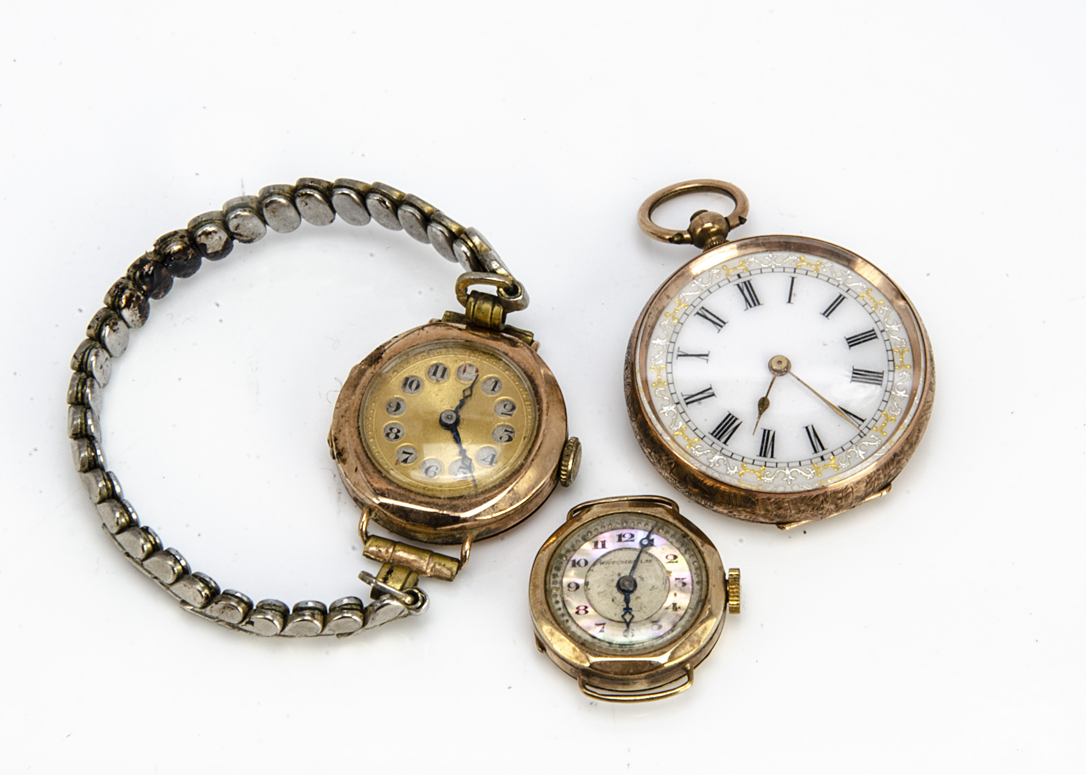 Three yellow metal cased watches, including a lady's pocket watch marked 9ct, 27g, a small Watches