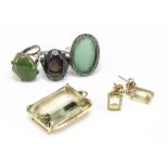 A nephrite yellow metal dress ring, citrine pendant and earring, and two other dress rings