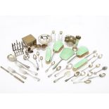 A collection of silver and silver plate, including a five piece silver enamelled dressing table set,