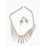 A 9ct gold tapered fringe necklace, of tube design, together with a pair of oval pierced earrings,