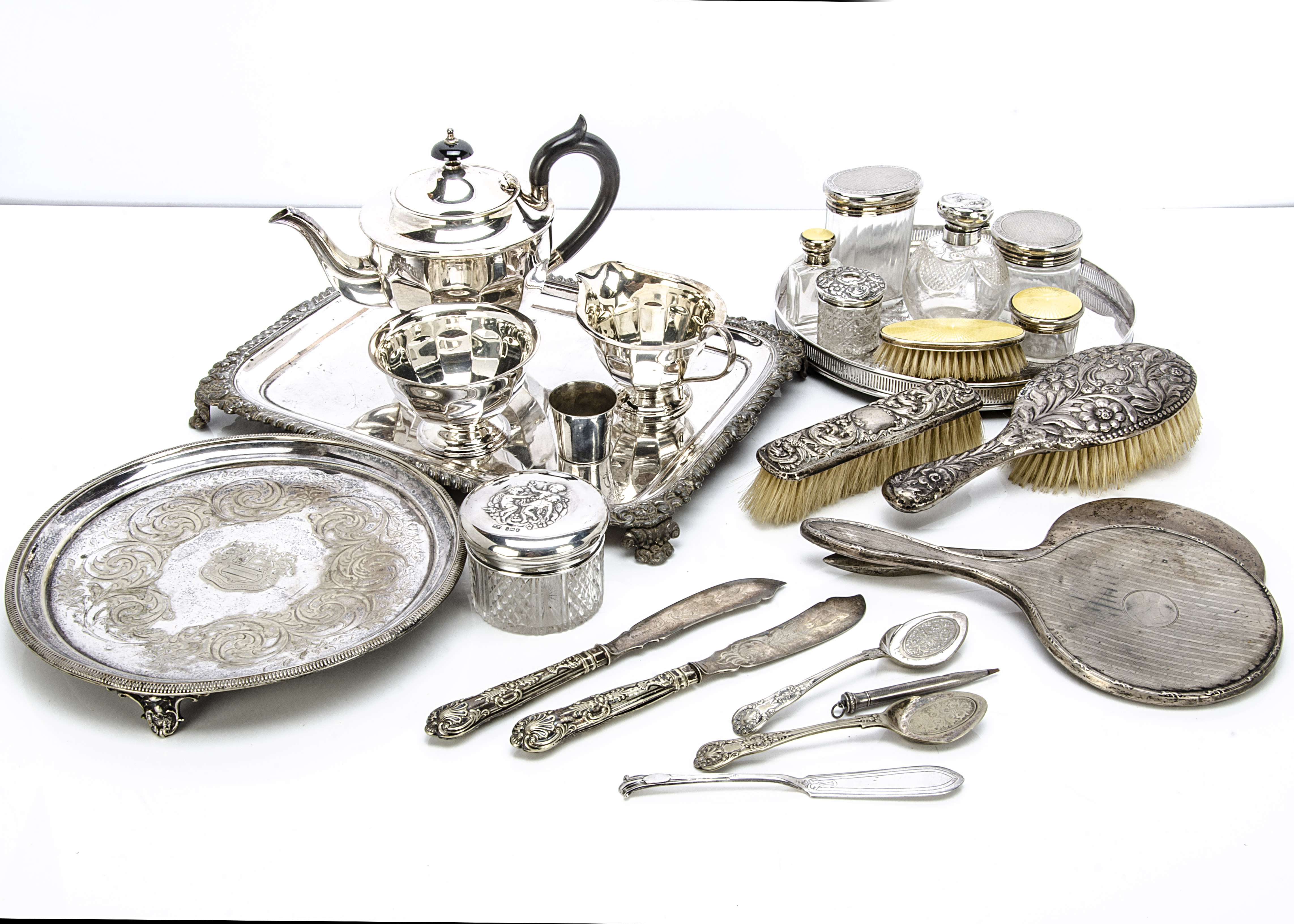 A group of silver and silver plate, including several dressing table items such as silver and