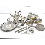 A group of silver and silver plate, including several dressing table items such as silver and