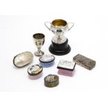 A collection of Victorian and later small collectable items, including three enamelled boxes, all