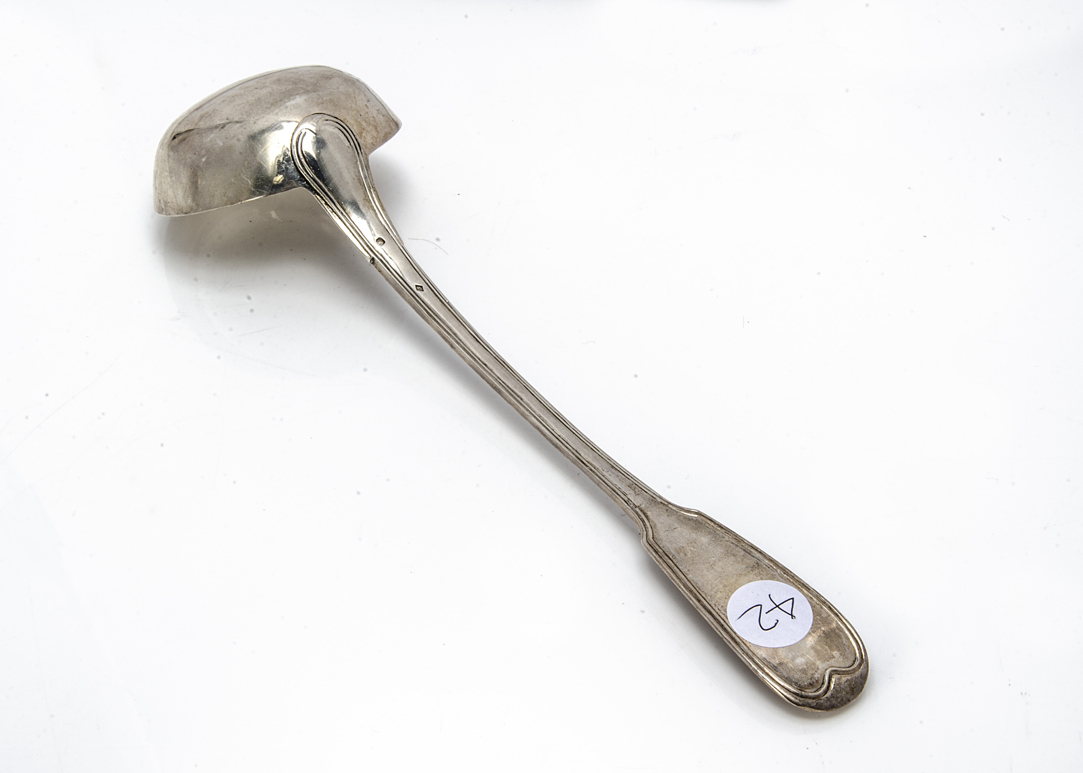 A late 19th century French white metal soup ladle, 34cm, 9.15 ozt, fiddle and thread style pattern - Image 2 of 2