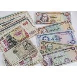 A collection of world bank notes, including a Jamaican $20, $10, $5 and $1, along with much more