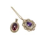 Two 9ct gold pendants, including an amethyst with 9ct gold open work mount on a fine oval linked