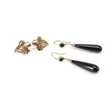 Two pairs of gold earrings, comprising a pair of 14ct gold floral diamond set ear studs, 2cm x 1.8cm