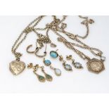 A quantity of 9ct gold, including a St Christopher pendant and chain, a pair of aqua drop