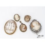 Five items of shell cameos, comprising four brooches/pendants, two in 9ct gold, two in silver and