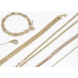 A quantity of 9ct gold, comprising three bracelets, two necklaces and one pendant and chain, 22g