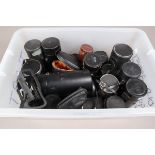 Various Lens Cases, more than 20 examples, a crate of lens cases of varying makers and sizes, brands