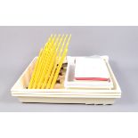 A Print Drying Rack and Developing Trays a yellow plastic print drying rack, 12 x 10in (30 x 25cm)