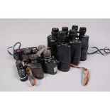 Various Binoculars, comprising two Zenith 7 x 50 in cases, a Prinz 16 x 50 in case, a Ross 6 x 25 (