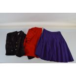 A quantity of Jean Muir ladies clothing, including a red jacket size 12, a purple pleated skirt, a