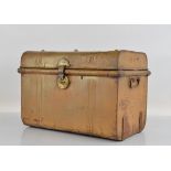 A metal travel trunk, with later fabric lining. 54cm x 37cm x 36cm deep.