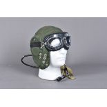 A British Lightweight/Summer flying helmet, in Khaki green, wired with earphones and microphone,