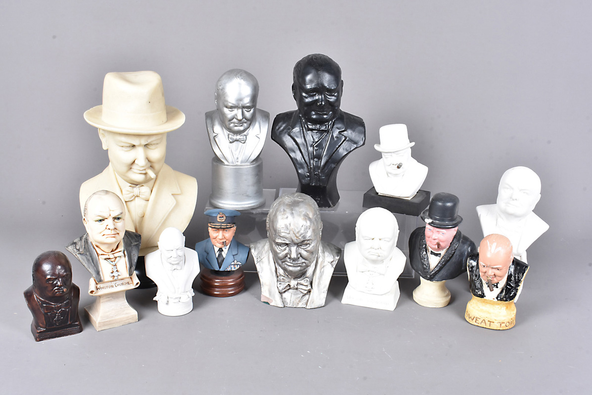 A group of Winston Churchill busts, in various medium, comprising resin, plaster, and more,