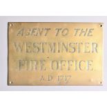 Insurance Company Brass Agency Nameplates, Agent To The Westminster Fire Office A.D. 1717', F-G,
