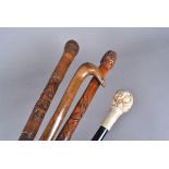 Four Oriental walking canes, one with a resin top with carved dome design, two being heavily