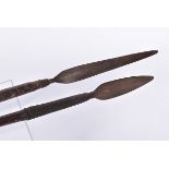 Two 19th Century Tribal spears, possibly Zulu, one with 31cm long head, with leather and wirework to