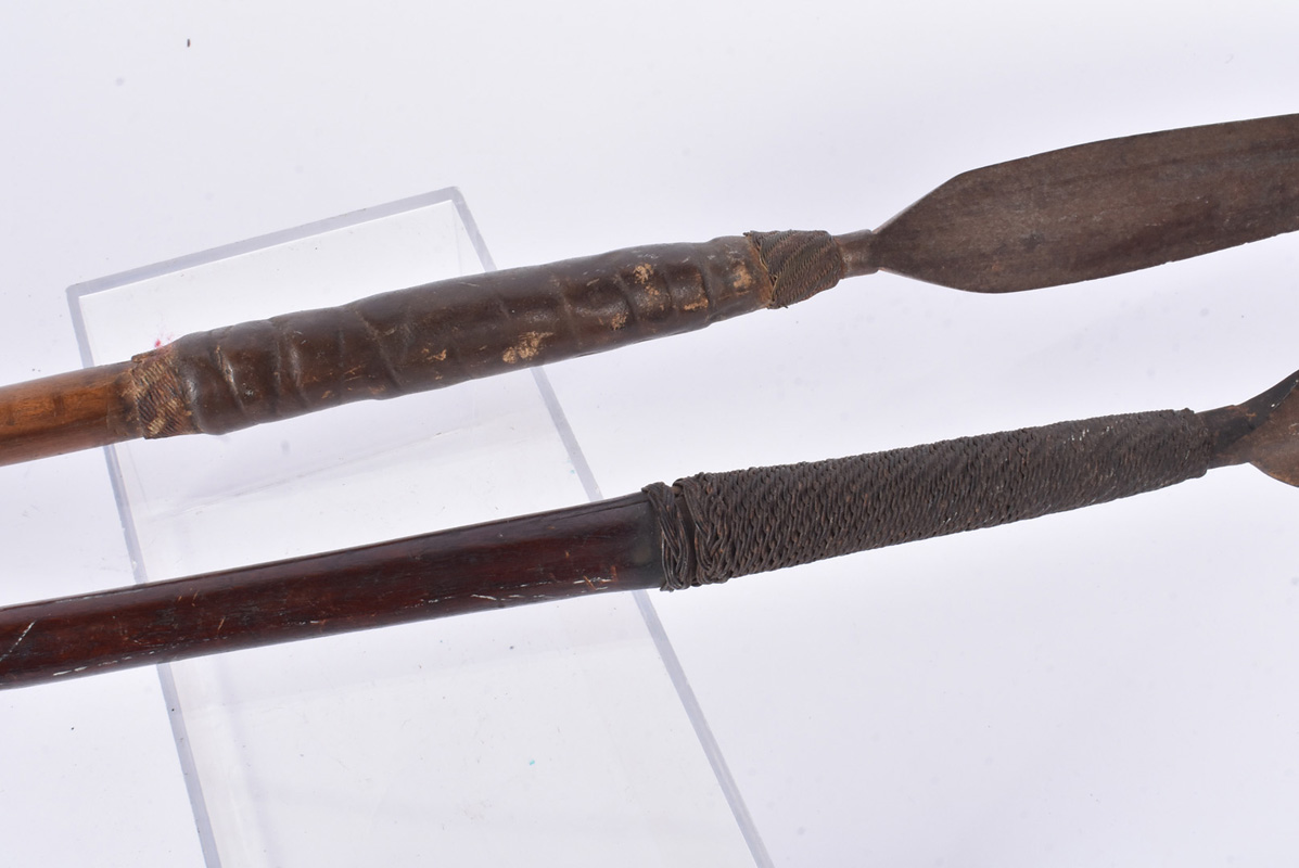 Two 19th Century Tribal spears, possibly Zulu, one with 31cm long head, with leather and wirework to - Image 3 of 5