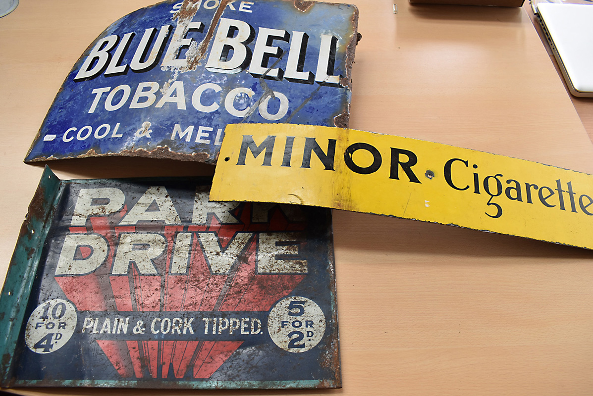 Three tobacco advertising signs, Blue Bell Tobacco, Minor Cigarettes and Park Drive, AF (3)