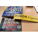 Three tobacco advertising signs, Blue Bell Tobacco, Minor Cigarettes and Park Drive, AF (3)